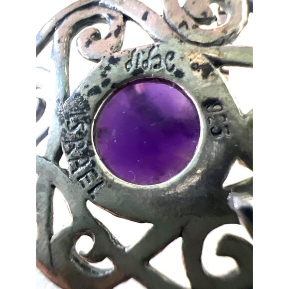 Didac Israel Silver Filigree Pendant Amethyst Cabochon 18” Italian Box Chain Vtg - Picture 3 of 14